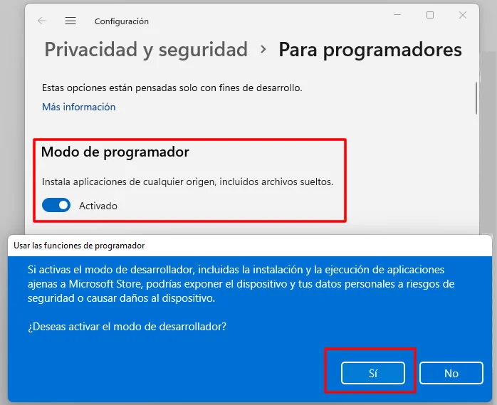 activar modo programador windows 11