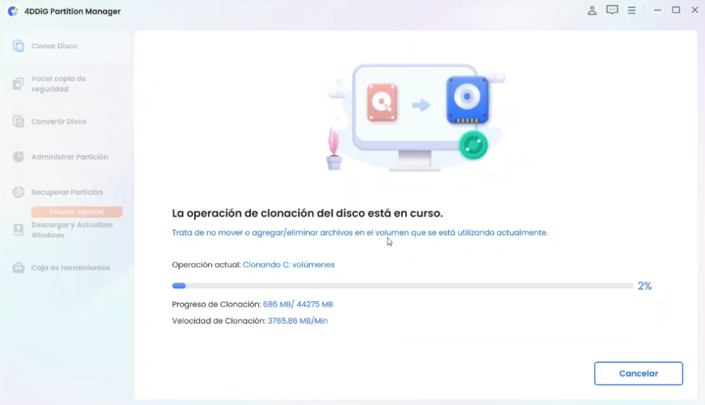 proceso de clonacion de disco duro a ssd en curso