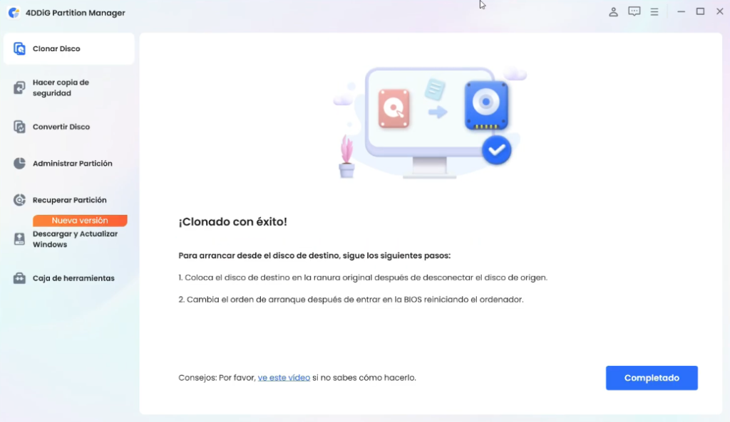 clonado de disco duro a ssd completado con exito
