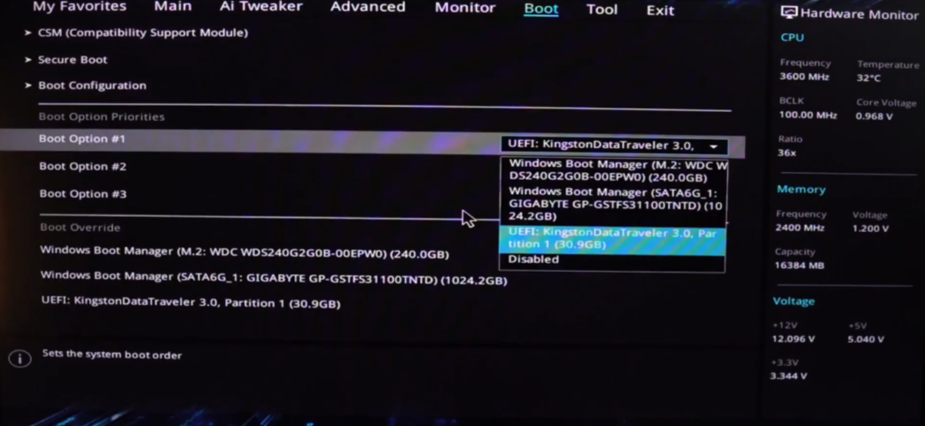 cambiar orden de arranque en bios para iniciar desde el ssd clonado