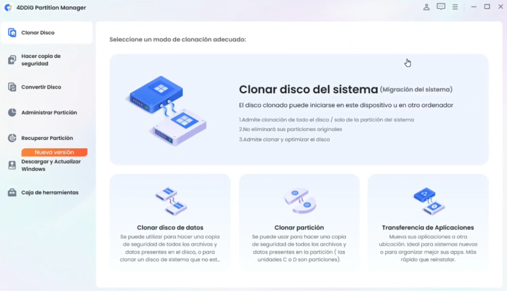 opciones de migracion del sistema y clonacion de disco en 4ddig partition manager