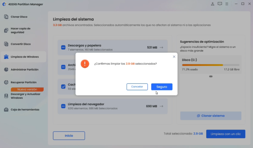 Confirmaci&oacute;n antes de eliminar archivos basura del PC