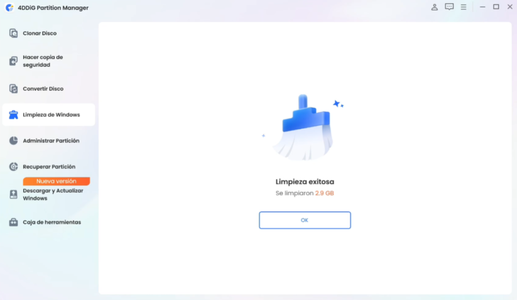 Limpieza completada despu&eacute;s de liberar espacio en Windows