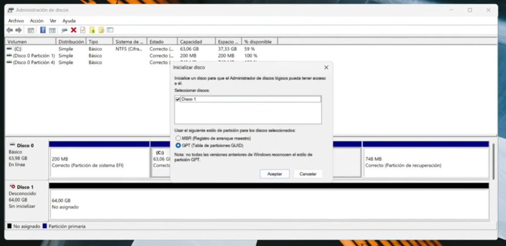 Inicializar SSD M2 nuevo en GPT desde Administraci&oacute;n de discos