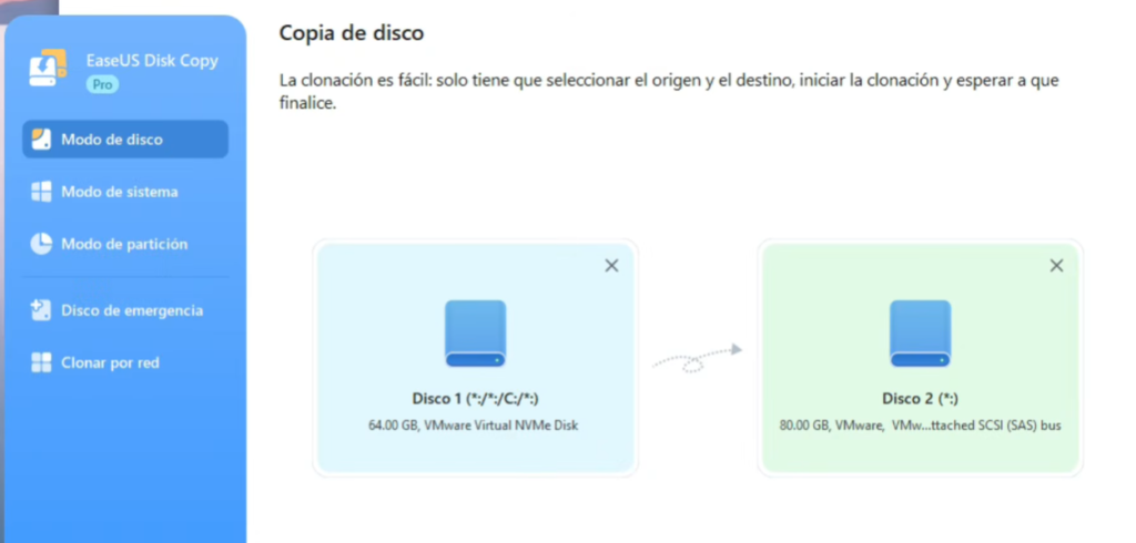 Seleccionar SSD o M.2 como disco de destino en EaseUS Disk Copy.