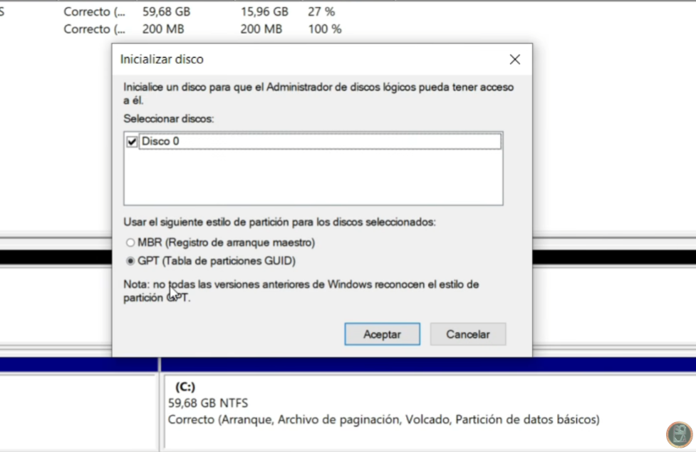 inicializar SSD NVMe en GPT antes de migrar Windows