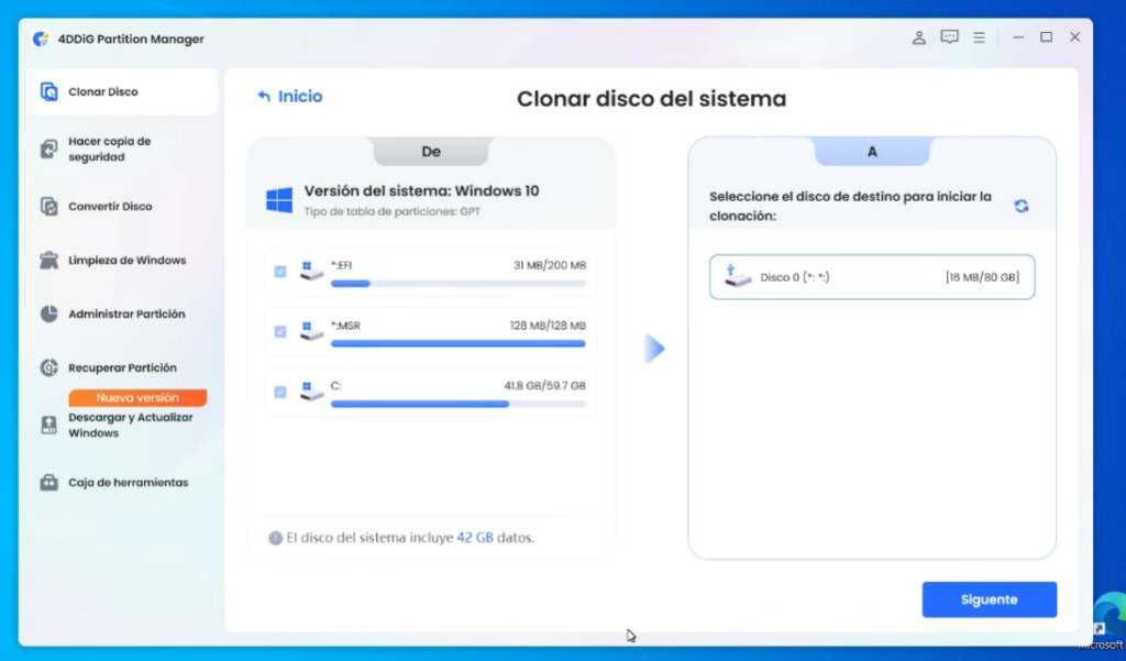 seleccionar disco de destino para clonar Windows a SSD NVMe