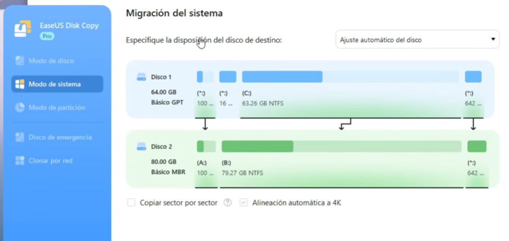 Ajustar autom&aacute;ticamente la disposici&oacute;n del disco al clonar Windows a un SSD m&aacute;s grande.