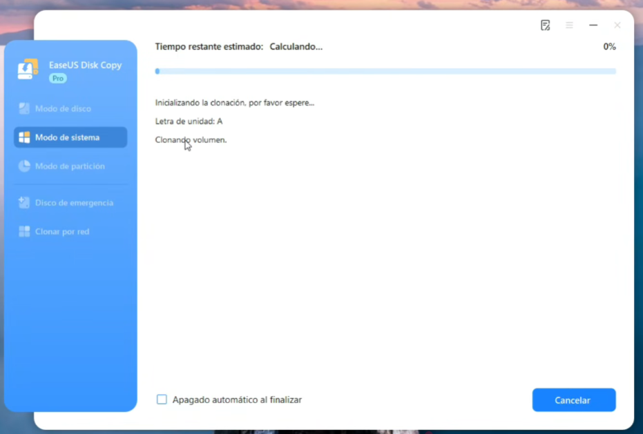 Aviso de borrado del disco de destino antes de clonar Windows.
