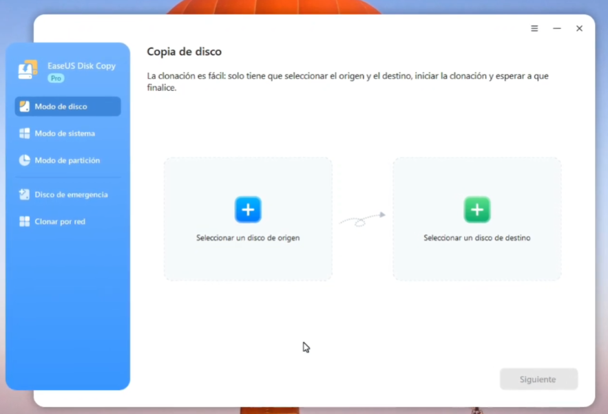 Pantalla inicial de EaseUS Disk Copy para clonar un disco duro a un SSD