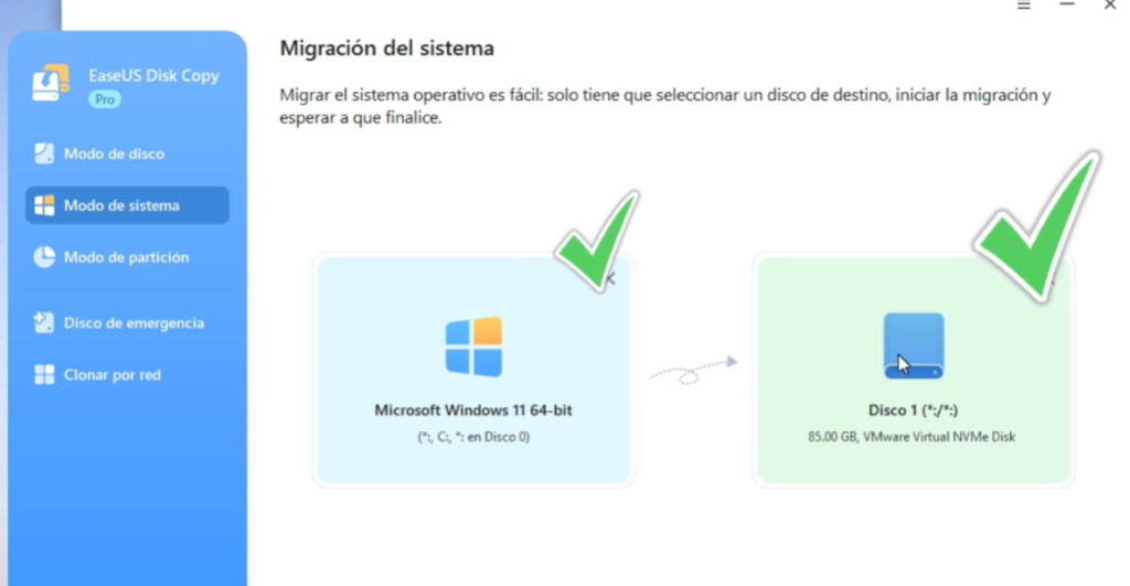 Selecci&oacute;n del SSD como disco de destino para migrar Windows sin perder programas