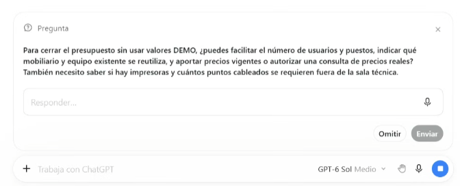 Agente de IA preguntando por la información que falta antes de continuar el proyecto