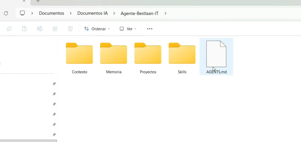 Estructura de carpetas para crear un agente de IA con contexto, memoria, skills y proyectos