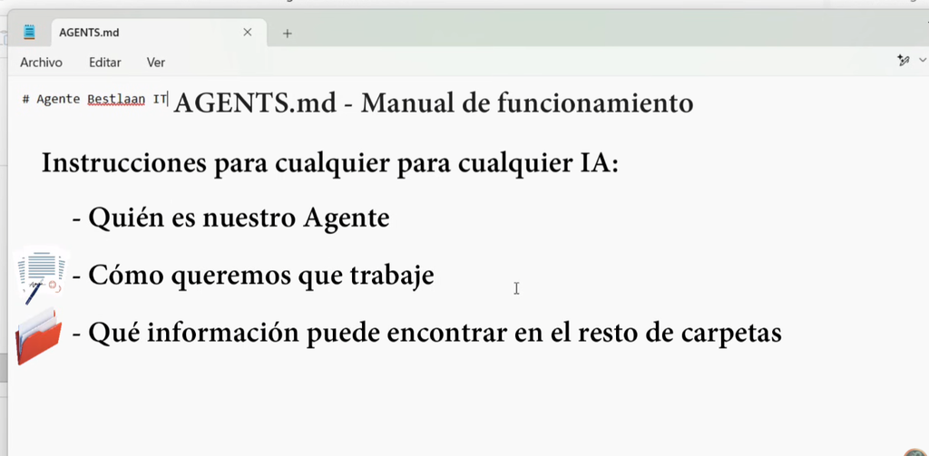 Vista parcial del archivo AGENTS.md utilizado para configurar el agente de IA