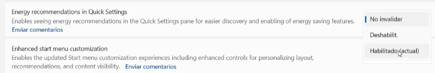 opción Energy recommendations in quick settings configurada como habilitada.