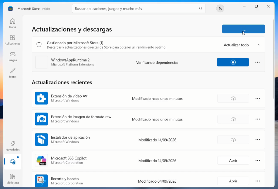 Microsoft Store en el apartado Descargas y botón Buscar actualizaciones