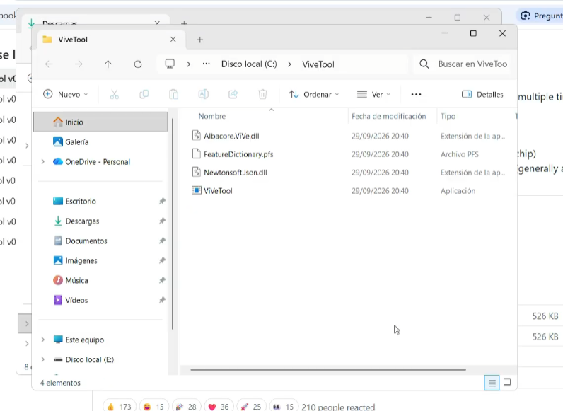 contenido de ViVeTool extraído en C:\ViVeTool