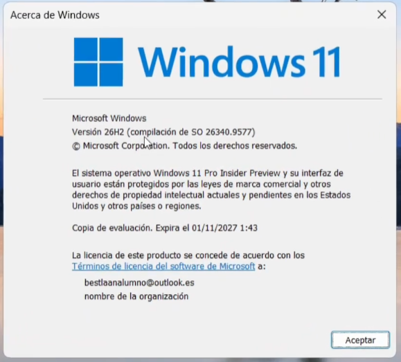ventana winver mostrando Windows 11 26H2 y la compilación utilizada